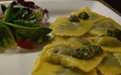 Spinach & Mushroom filled Almond Ravioli with Pesto